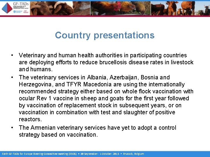 Country presentations • Veterinary and human health authorities in participating countries are deploying efforts