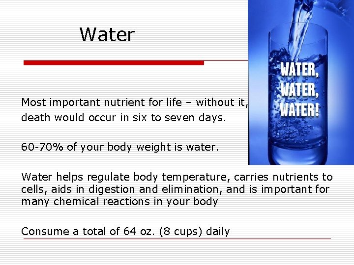 Water Most important nutrient for life – without it, death would occur in six Water Most important nutrient for life – without it, death would occur in six