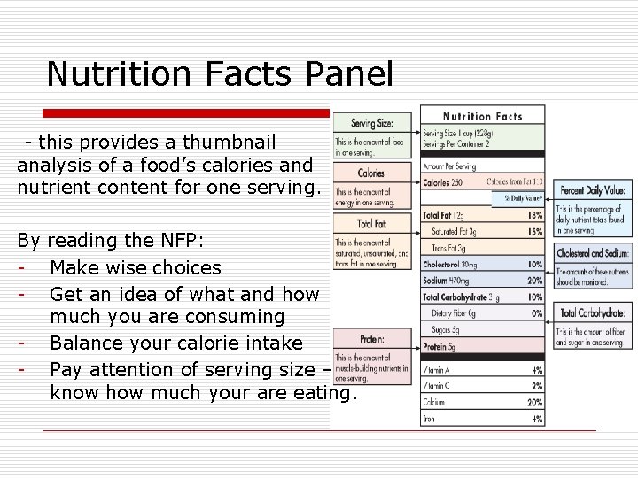 Nutrition Facts Panel - this provides a thumbnail analysis of a food’s calories and Nutrition Facts Panel - this provides a thumbnail analysis of a food’s calories and