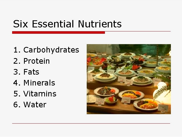 Six Essential Nutrients 1. 2. 3. 4. 5. 6. Carbohydrates Protein Fats Minerals Vitamins Six Essential Nutrients 1. 2. 3. 4. 5. 6. Carbohydrates Protein Fats Minerals Vitamins