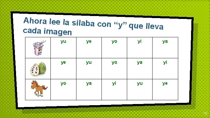 Ahora lee la sílaba con “y” que lleva cada imagen yu ye yo yi