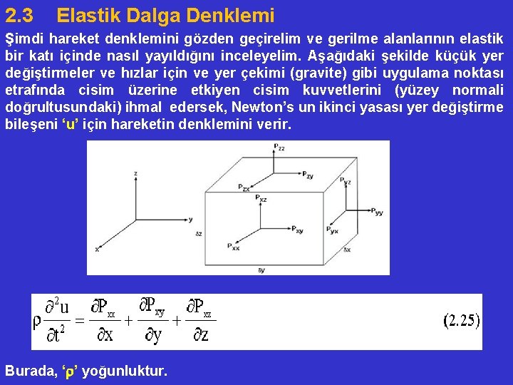 2. 3 Elastik Dalga Denklemi Şimdi hareket denklemini gözden geçirelim ve gerilme alanlarının elastik