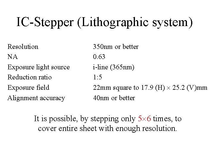 IC-Stepper (Lithographic system) Resolution NA Exposure light source Reduction ratio Exposure field Alignment accuracy IC-Stepper (Lithographic system) Resolution NA Exposure light source Reduction ratio Exposure field Alignment accuracy