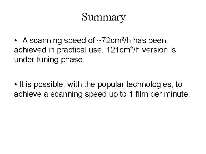 Summary • A scanning speed of ~72 cm 2/h has been achieved in practical Summary • A scanning speed of ~72 cm 2/h has been achieved in practical