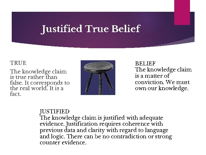 Justified True Belief TRUE The knowledge claim is true rather than false. It corresponds