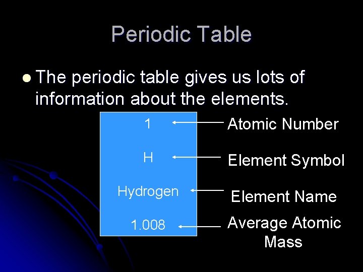 Periodic Table l The periodic table gives us lots of information about the elements.