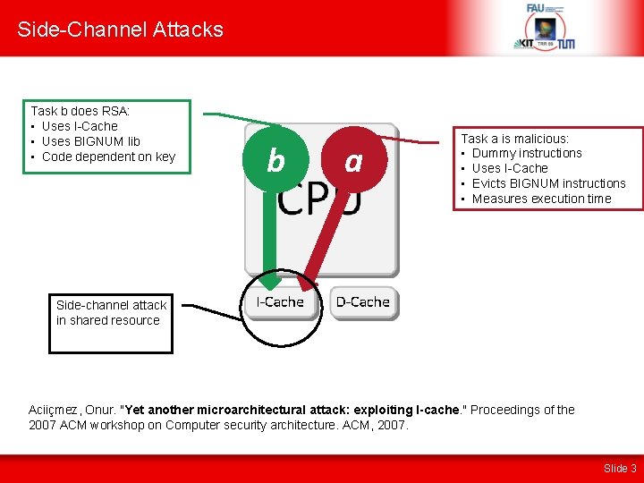Side-Channel Attacks Task b does RSA: • Uses I-Cache • Uses BIGNUM lib •