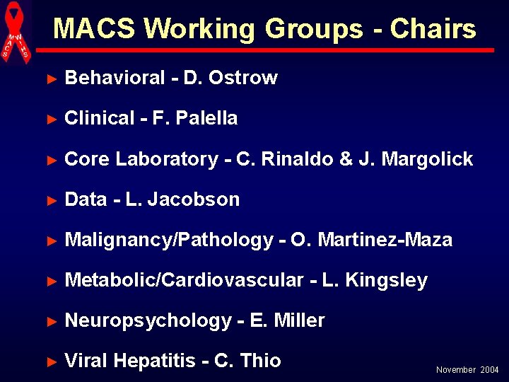 MACS Working Groups - Chairs ► Behavioral - D. Ostrow ► Clinical - F.