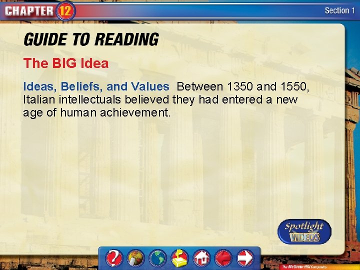 The BIG Ideas, Beliefs, and Values Between 1350 and 1550, Italian intellectuals believed they