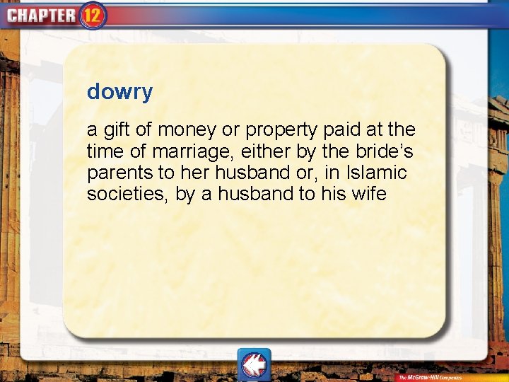 dowry a gift of money or property paid at the time of marriage, either