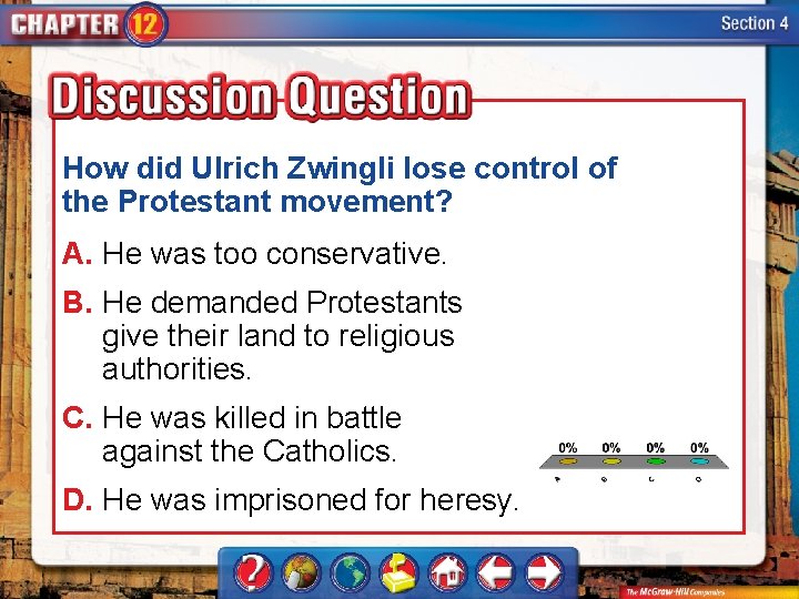 How did Ulrich Zwingli lose control of the Protestant movement? A. He was too