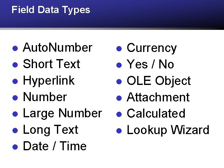 Field Data Types l l l l Auto. Number Short Text Hyperlink Number Large