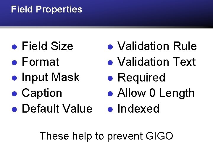 Field Properties l l l Field Size Format Input Mask Caption Default Value l