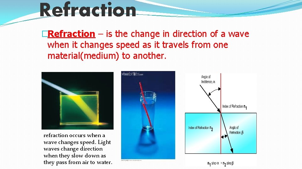 Refraction �Refraction – is the change in direction of a wave when it changes