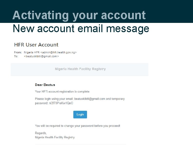 Activating your account New account email message 