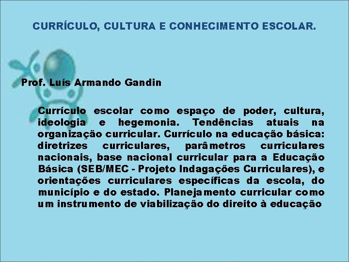 CURRÍCULO, CULTURA E CONHECIMENTO ESCOLAR. Prof. Luís Armando Gandin Currículo escolar como espaço de