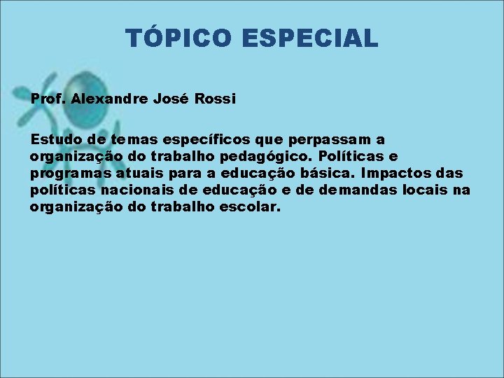 TÓPICO ESPECIAL Prof. Alexandre José Rossi Estudo de temas específicos que perpassam a organização