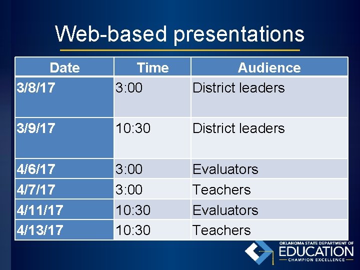 Web-based presentations Date 3/8/17 Time 3: 00 Audience District leaders 3/9/17 10: 30 District