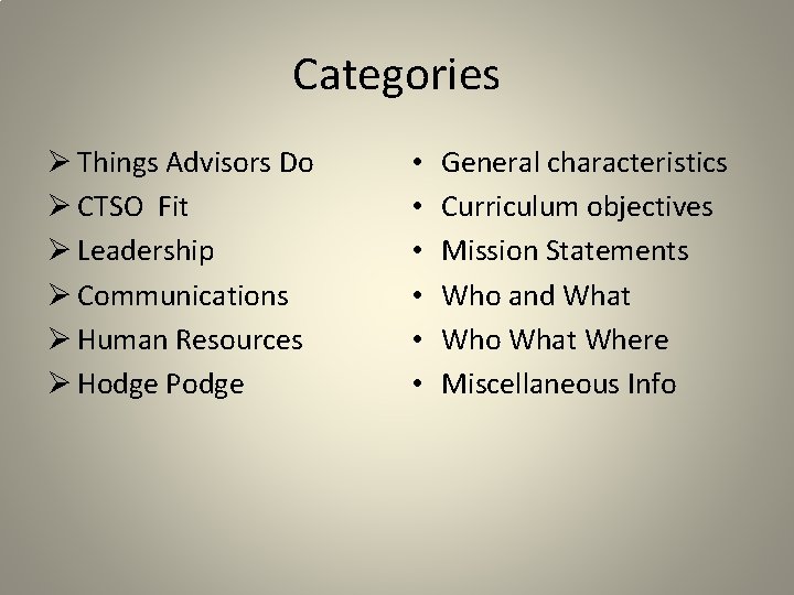 Categories Ø Things Advisors Do Ø CTSO Fit Ø Leadership Ø Communications Ø Human