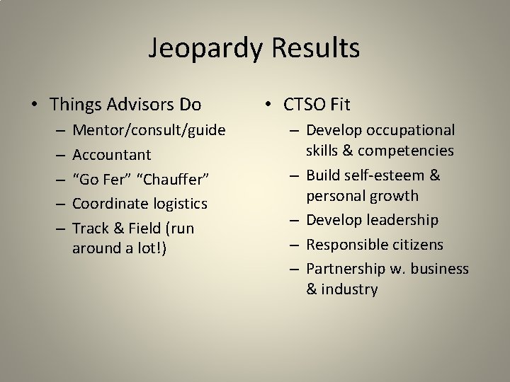 Jeopardy Results • Things Advisors Do – – – Mentor/consult/guide Accountant “Go Fer” “Chauffer”