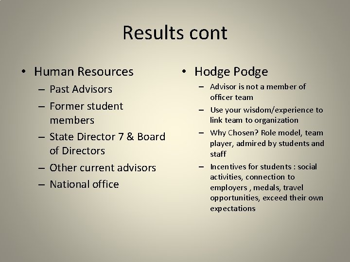 Results cont • Human Resources – Past Advisors – Former student members – State