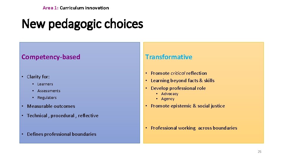 Area 1: Curriculum innovation New pedagogic choices Competency-based • Clarity for: • Learners •
