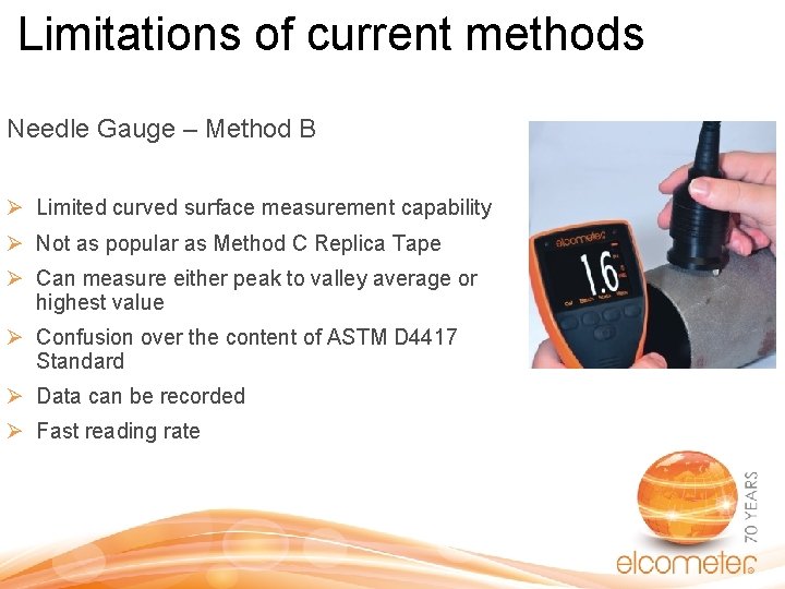 Limitations of current methods Needle Gauge – Method B Ø Limited curved surface measurement Limitations of current methods Needle Gauge – Method B Ø Limited curved surface measurement