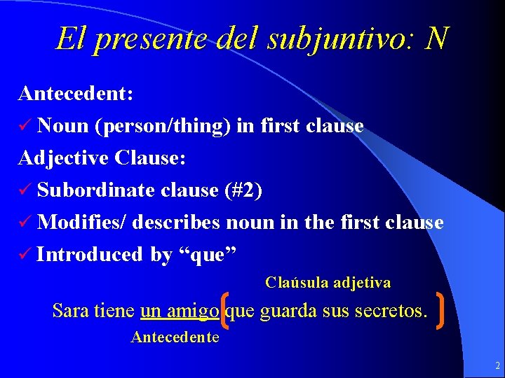 El presente del subjuntivo: N Antecedent: ü Noun (person/thing) in first clause Adjective Clause: