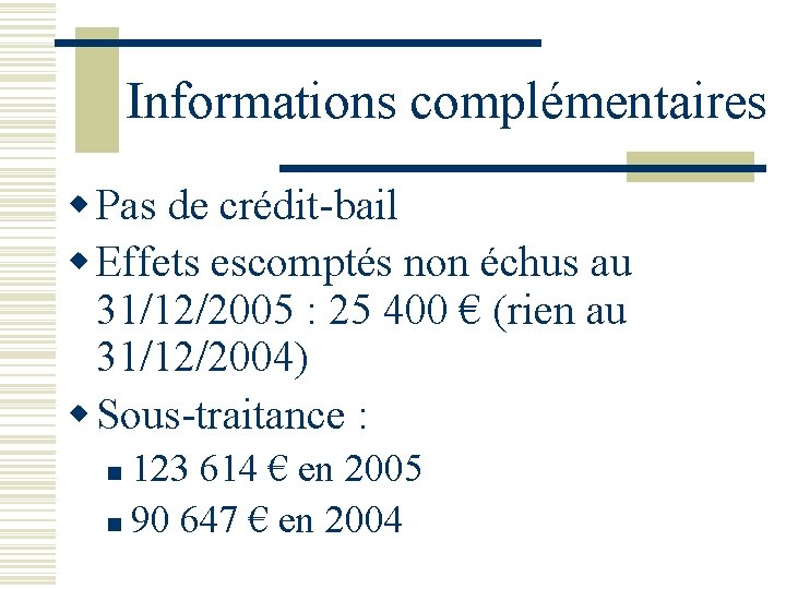 Informations complémentaires w Pas de crédit-bail w Effets escomptés non échus au 31/12/2005 :