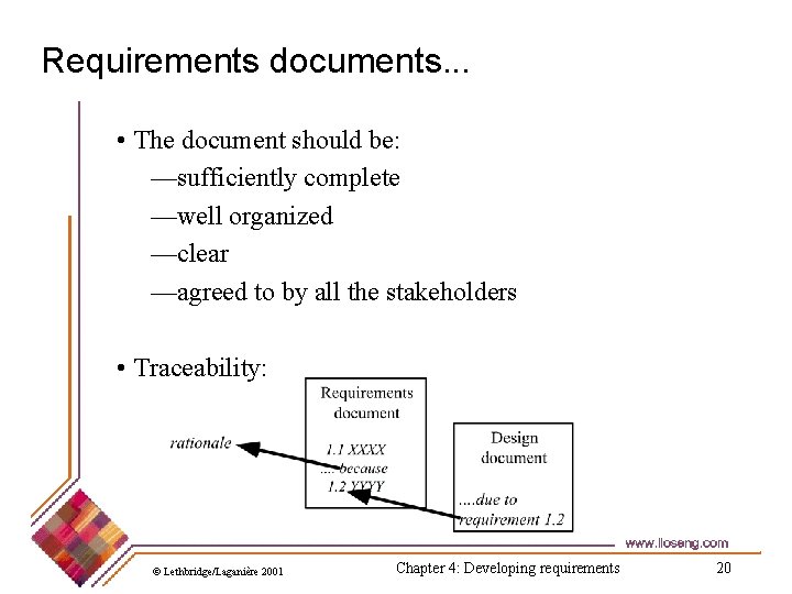 Requirements documents. . . • The document should be: —sufficiently complete —well organized —clear