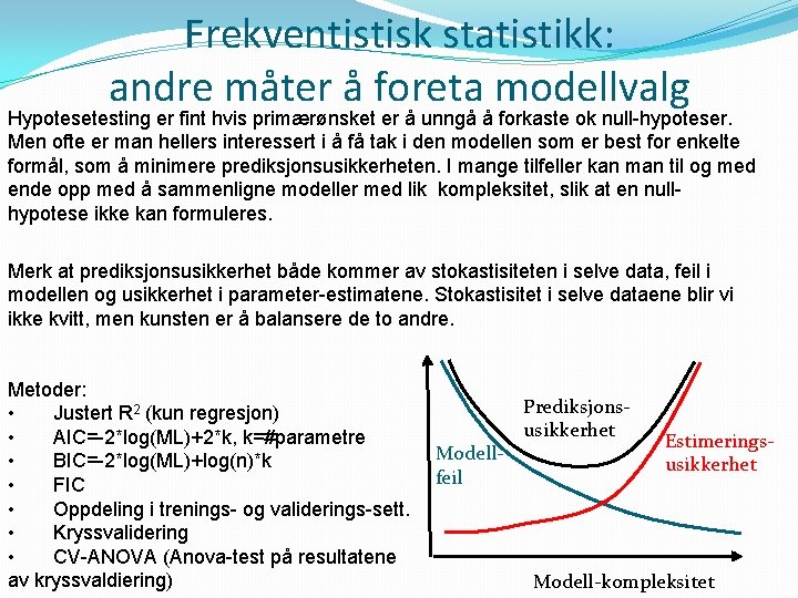 Frekventistisk statistikk: andre måter å foreta modellvalg Hypotesetesting er fint hvis primærønsket er å