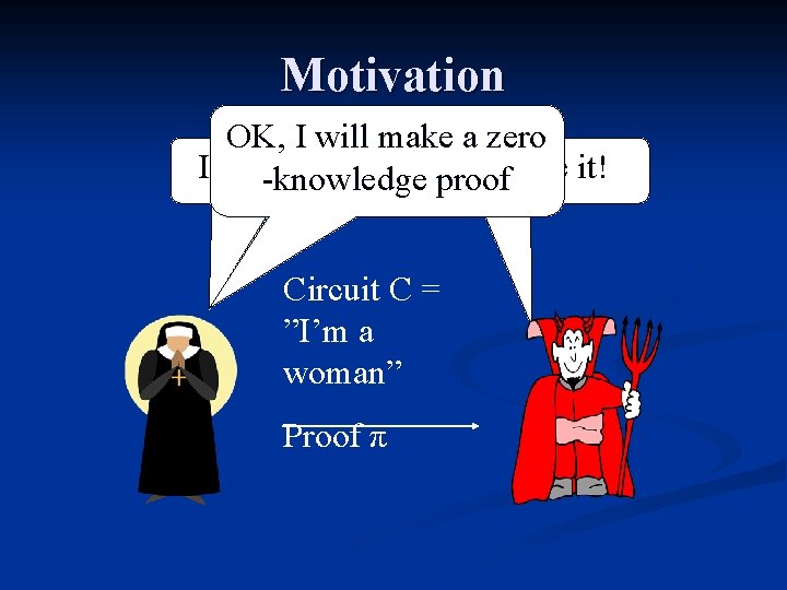 Motivation OK, I will make a zero I’m a-knowledge woman. proof Prove it! Circuit