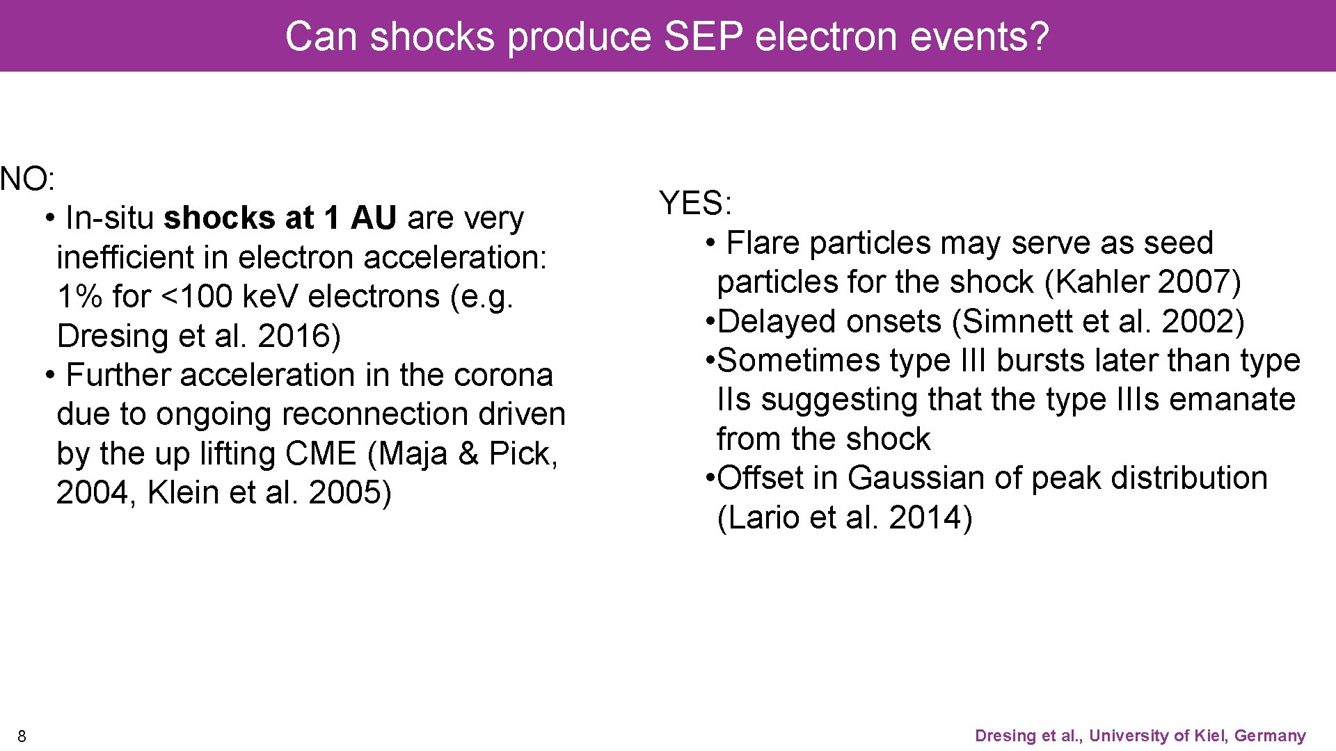 Can shocks produce SEP electron events? NO: • In-situ shocks at 1 AU are Can shocks produce SEP electron events? NO: • In-situ shocks at 1 AU are
