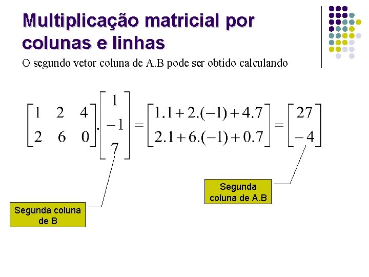 Multiplicação matricial por colunas e linhas O segundo vetor coluna de A. B pode