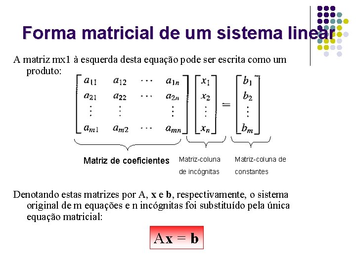 Forma matricial de um sistema linear A matriz mx 1 à esquerda desta equação