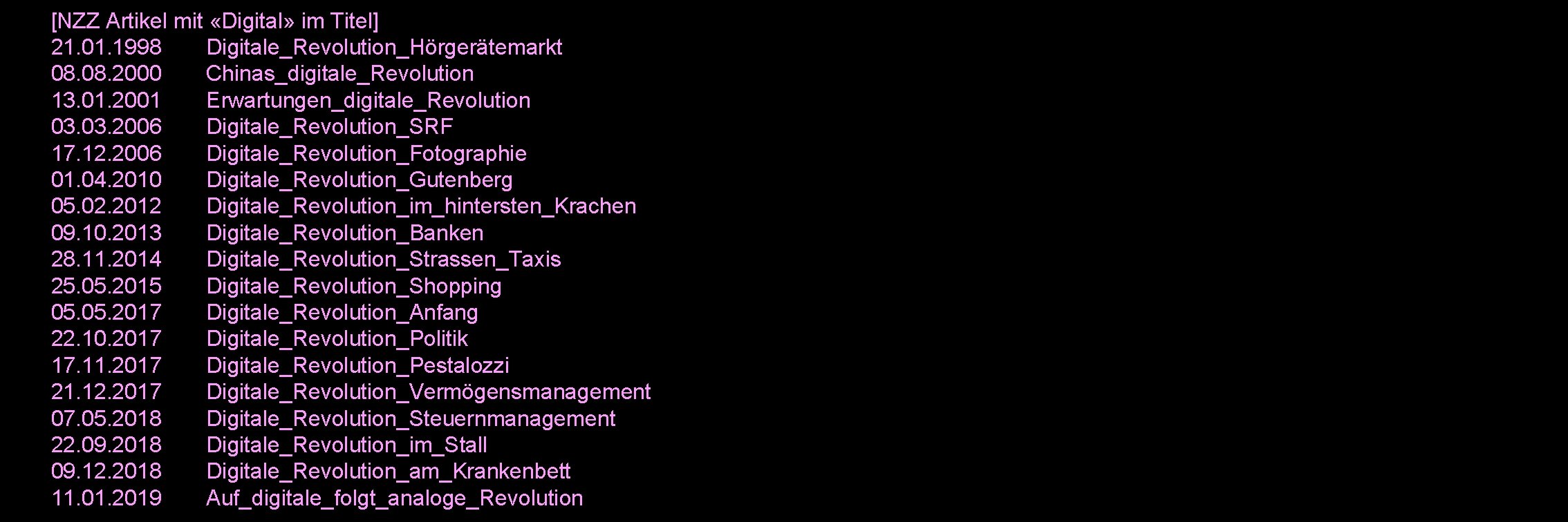 [NZZ Artikel mit «Digital» im Titel] 21. 01. 1998 Digitale_Revolution_Hörgerätemarkt 08. 2000 Chinas_digitale_Revolution 13.