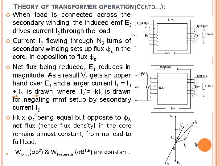 THEORY OF TRANSFORMER OPERATION (CONTD…): When load is connected across the secondary winding, the