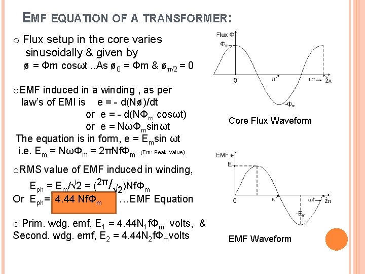 EMF EQUATION OF A TRANSFORMER: o Flux setup in the core varies sinusoidally &
