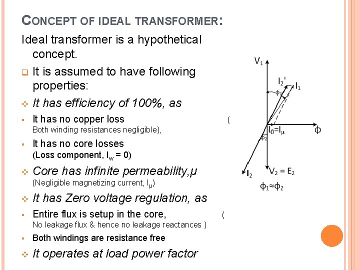CONCEPT OF IDEAL TRANSFORMER: Ideal transformer is a hypothetical concept. q It is assumed