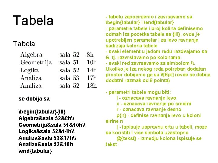 Tabela se dobija sa begin{tabular}{lll} Algebra&sala 52&8 h\ Geometrija&sala 51&10 h\ Logika&sala 52&14 h\ Tabela se dobija sa begin{tabular}{lll} Algebra&sala 52&8 h\ Geometrija&sala 51&10 h\ Logika&sala 52&14 h\