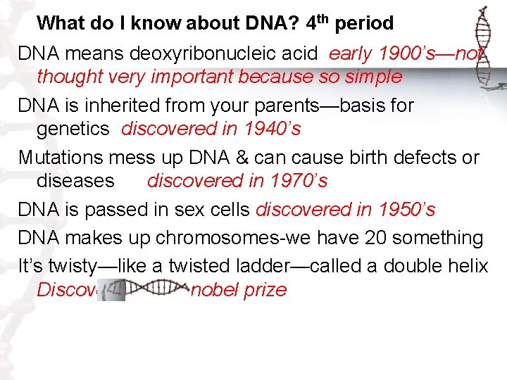 What do I know about DNA? 4 th period DNA means deoxyribonucleic acid early