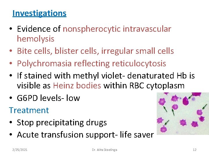 Investigations • Evidence of nonspherocytic intravascular hemolysis • Bite cells, blister cells, irregular small Investigations • Evidence of nonspherocytic intravascular hemolysis • Bite cells, blister cells, irregular small