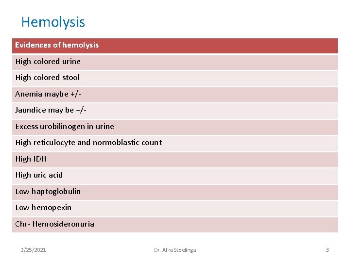 Hemolysis Evidences of hemolysis High colored urine High colored stool Anemia maybe +/Jaundice may Hemolysis Evidences of hemolysis High colored urine High colored stool Anemia maybe +/Jaundice may