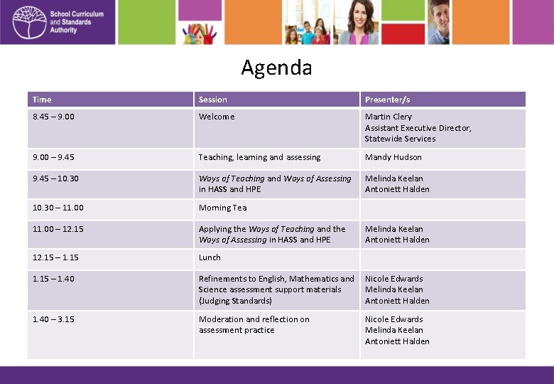 Agenda Time Session Presenter/s 8. 45 – 9. 00 Welcome Martin Clery Assistant Executive