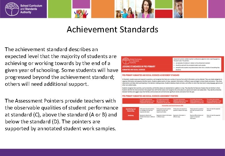 Achievement Standards The achievement standard describes an expected level that the majority of students