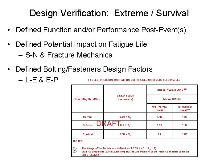 Design Verification: Extreme / Survival • Defined Function and/or Performance Post-Event(s) • Defined Potential
