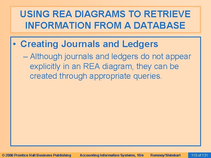 USING REA DIAGRAMS TO RETRIEVE INFORMATION FROM A DATABASE • Creating Journals and Ledgers