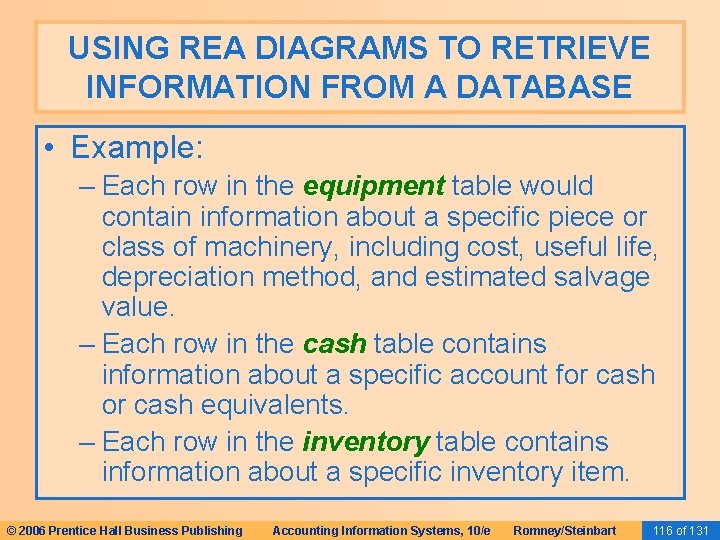 USING REA DIAGRAMS TO RETRIEVE INFORMATION FROM A DATABASE • Example: – Each row