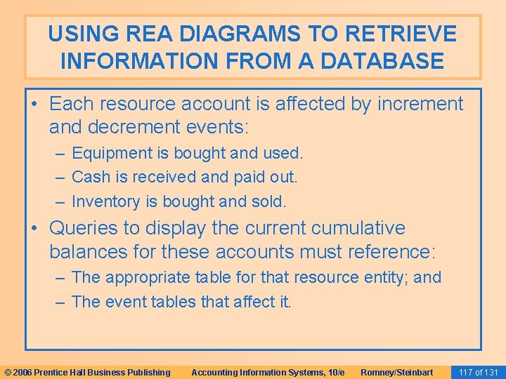 USING REA DIAGRAMS TO RETRIEVE INFORMATION FROM A DATABASE • Each resource account is