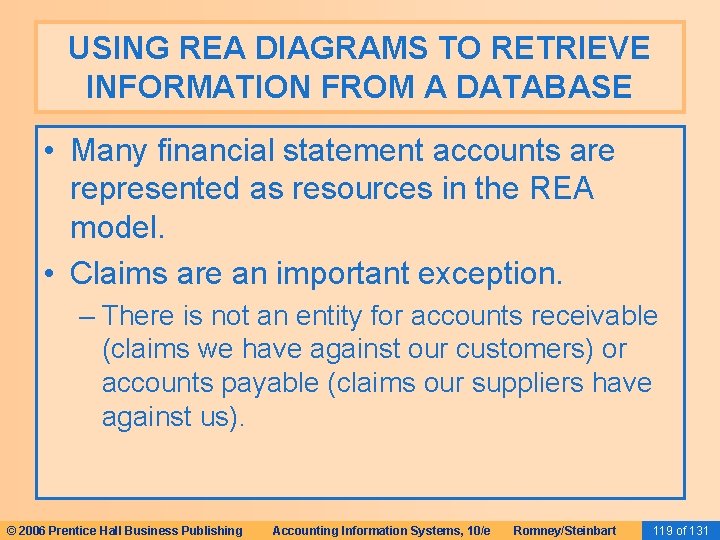 USING REA DIAGRAMS TO RETRIEVE INFORMATION FROM A DATABASE • Many financial statement accounts